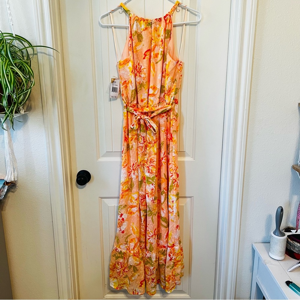 Harlow & Rose Halter Neck Peach Orange Floral Tiered Maxi Dress Tie Back NWT - Picture 2 of 9